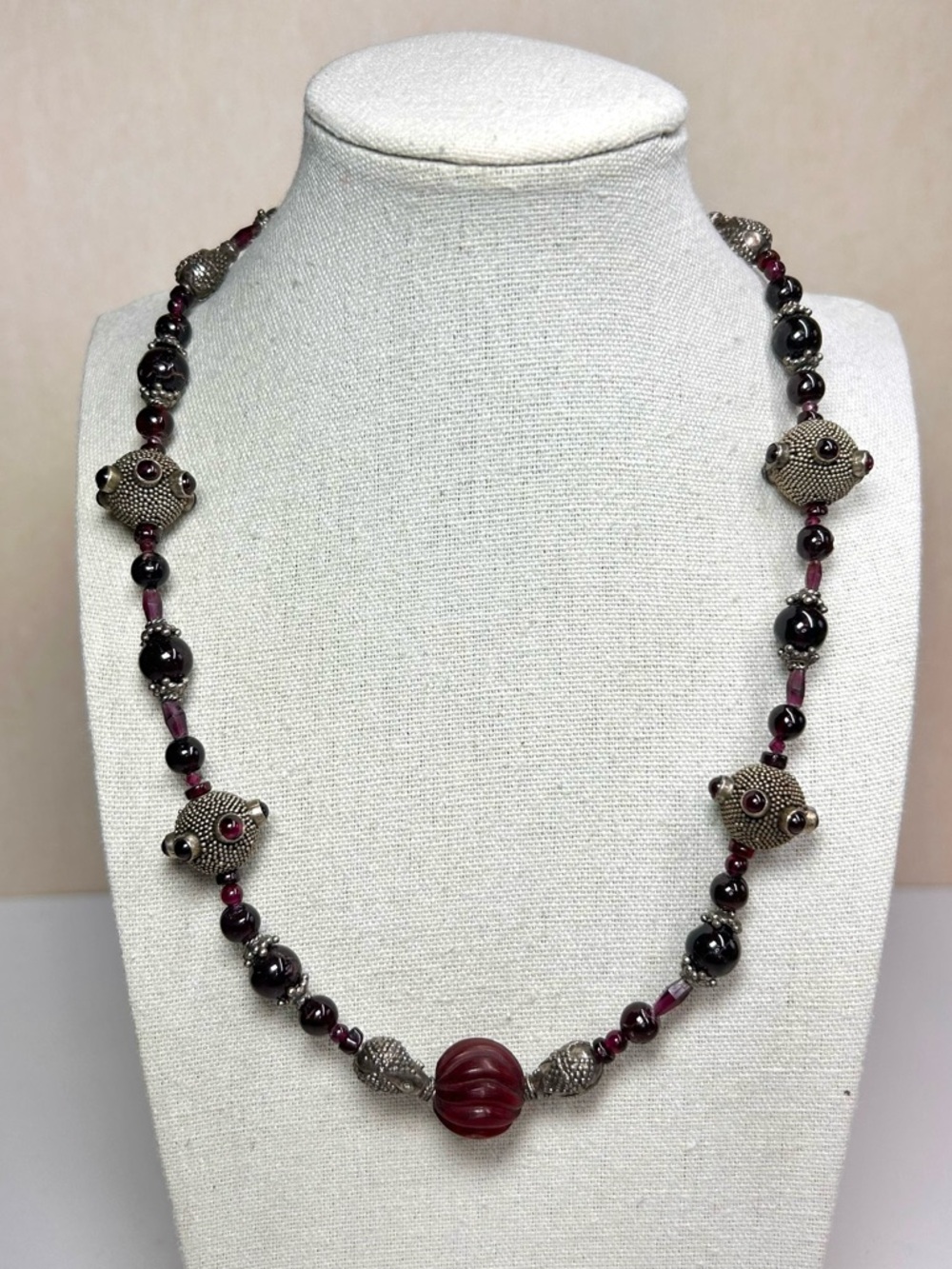 OOAK Artisan Sterling Silver 925 Garnet Necklace Bali Silver Beads S Clasp